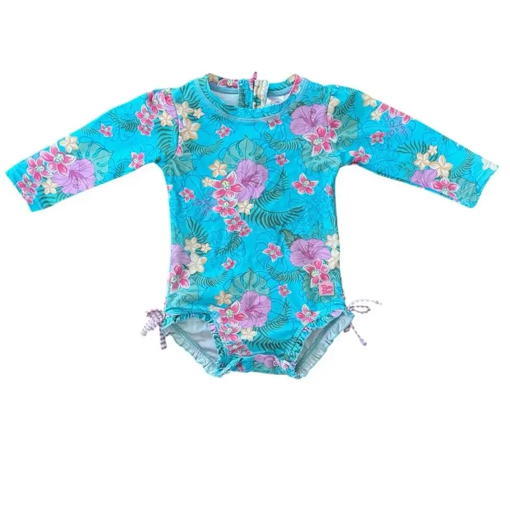 Ruffle Butts Orchid Oasis One Piece Rash Guard Swimwear Size 12-18 M UPF +50